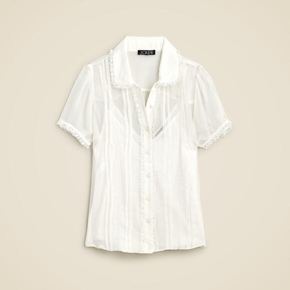 J. Crew Sheer Lace-Trim Button-Up Shirt Short Sleeve Ivory Size 0 NWT - Picture 4 of 12